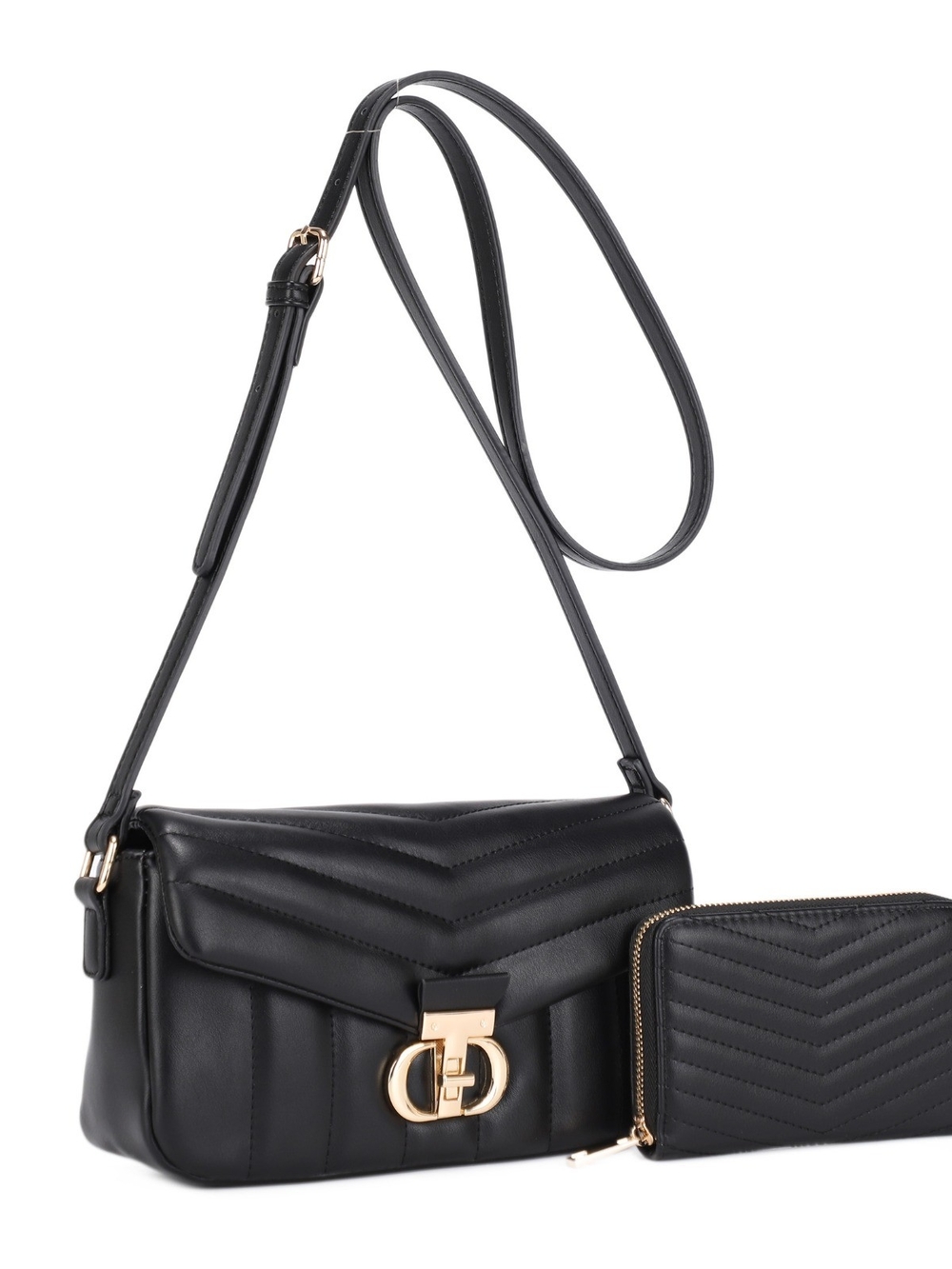 Black Quilted Vegan Leather Shoulder Bag with Matching Wallet